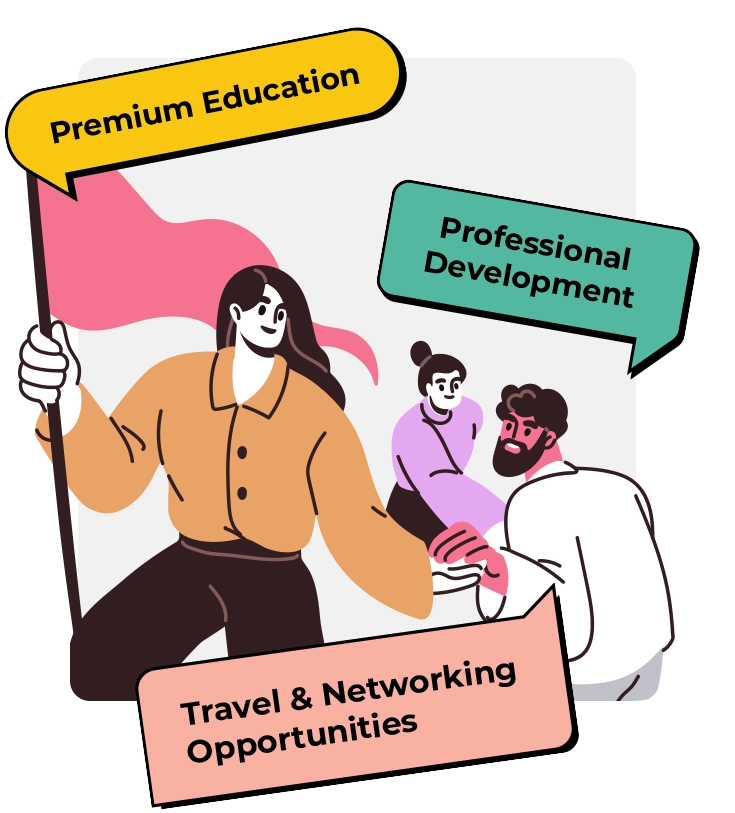 Illustration with 3 chat ballons saying "Premium Education", "Professional Development", and "Travel & Networking Opportunities"